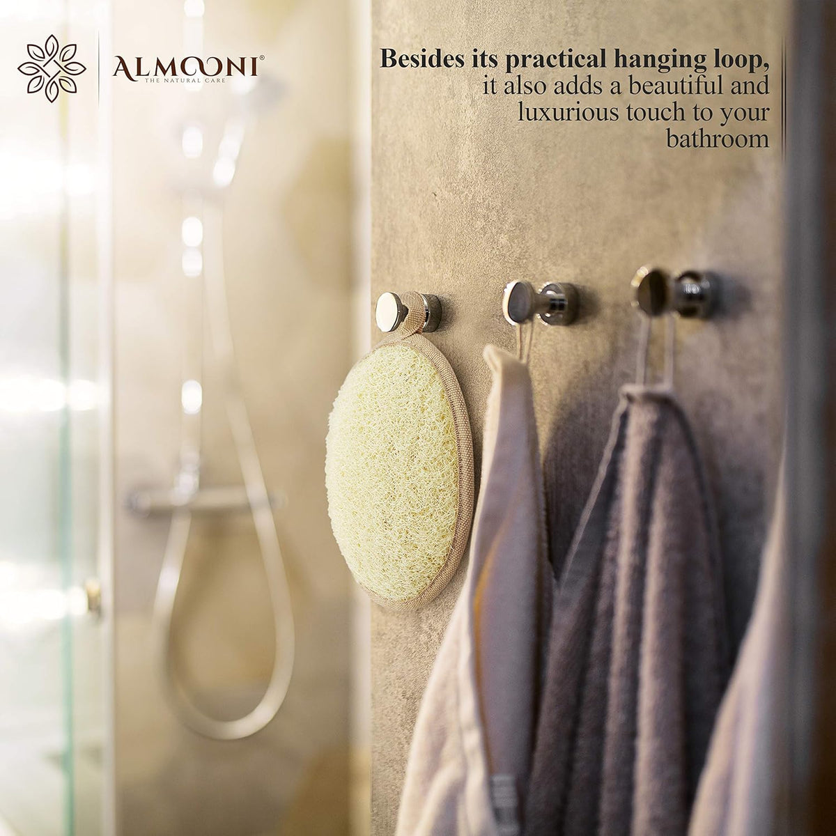 Almooni Natural Loofah Exfoliating Body Scrubber Pads, Lightly Abrasive Egyptian Loofah for Face and Body Cleansing, Dual-Sided with Terry Cloth, Hand Strap, 2-Count
