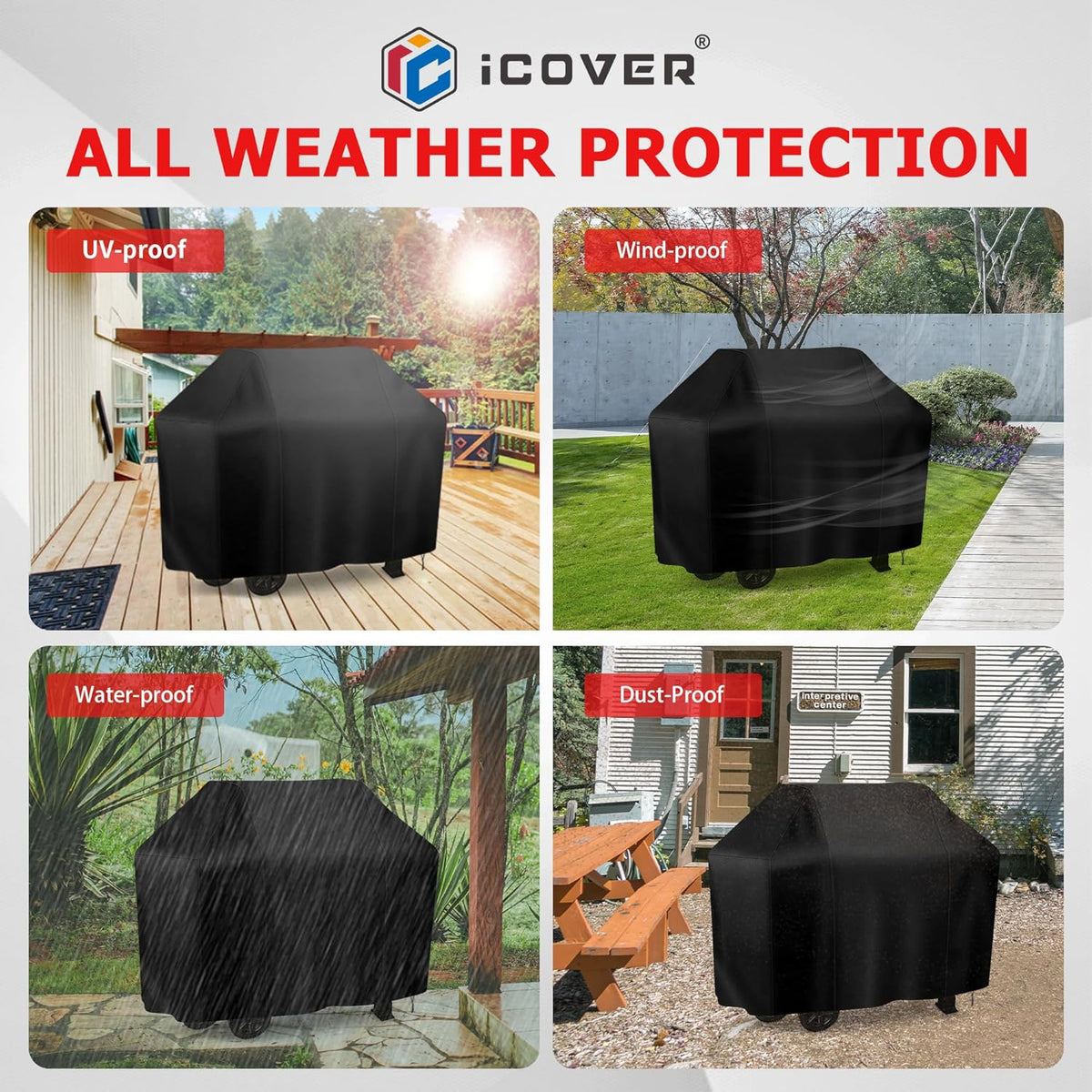 i COVER Grill Cover, 58 inch BBQ Grill Cover for Outdoor Grill, Anti-UV & Fade Resistant Gas Grill Cover, Waterproof Barbecue Grill Covers for Weber, Char-Broil, Nexgrill and More, Black