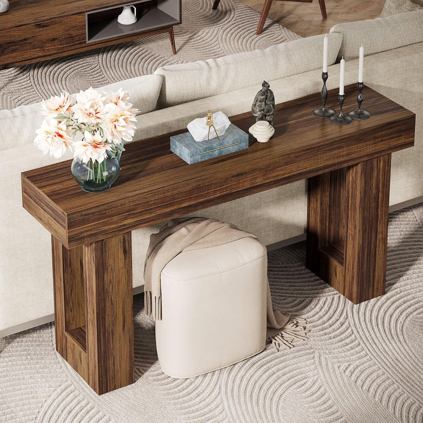 Tribesigns 63-Inch Long Console Table, MDF Wood Grain Rectangular Sofa Table Behind The Couch, Farmhouse Entryway Table for Entrance, Hallway, Living Room (Rustic Brown)