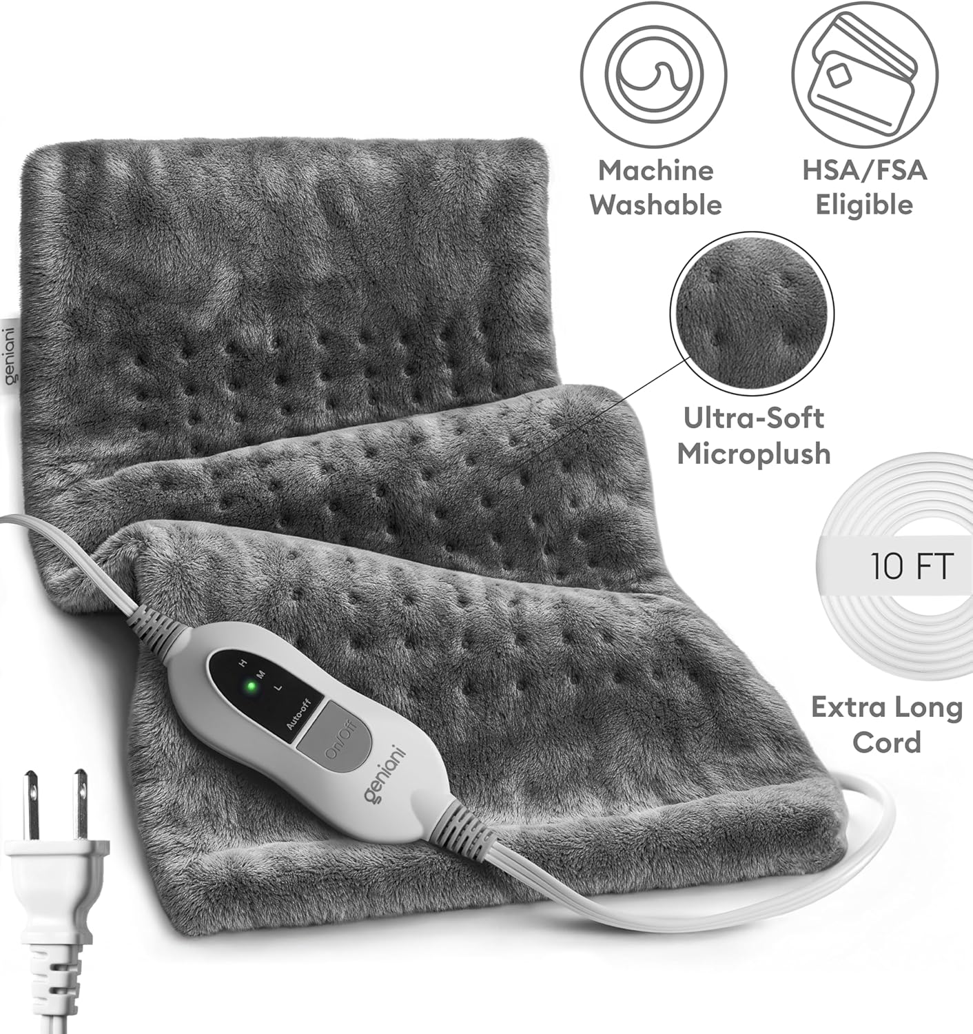 GENIANI XL Electric Heating Pad for Back Pain & Cramps Relief, Electric Throw, Birthday Christmas Gifts for Women, Men Auto Shut Off, Machine Washable, Heat Pad for Neck & Shoulder, 12×24", Tabby Gray