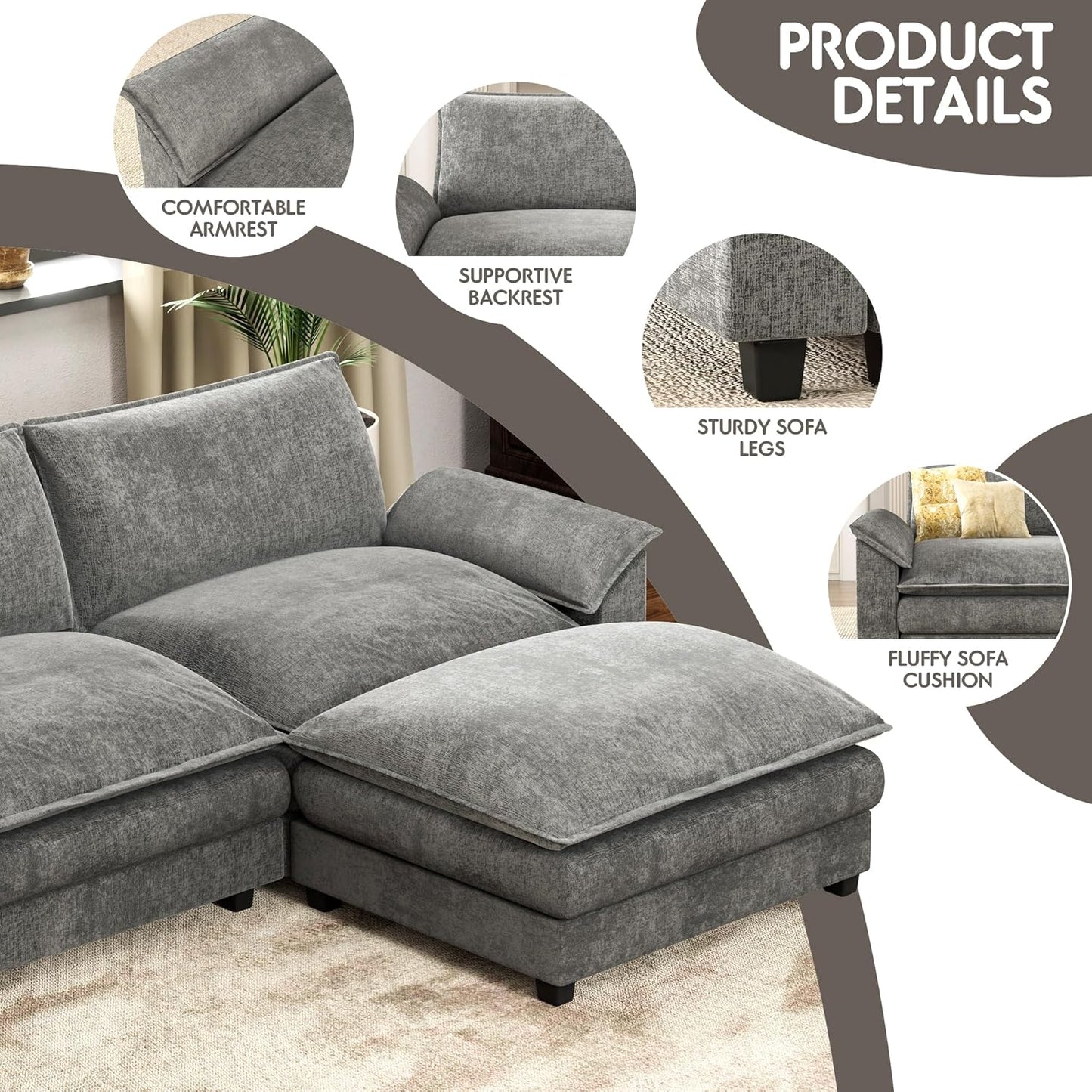 Homall 119" Modular Sectional Sofa, L Shaped Sofa Couch with Reversible Ottoman, DIY Combination Chenille Deep 3-Seat Cloud Couch for Living Room, Apartment (Light Grey, L Shaped Sofa)