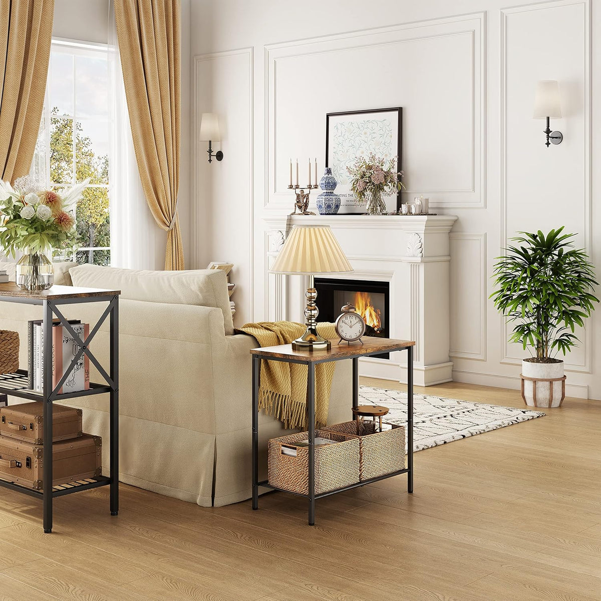 Hoctieon 2 Tier End Table, Sofa Side Table, Narrow Side Table with Storage, Slim Nightstand for Small Spaces, Metal Frame, for Living Room, Bedroom, Sofa Couch, Hall, Rustic Brown