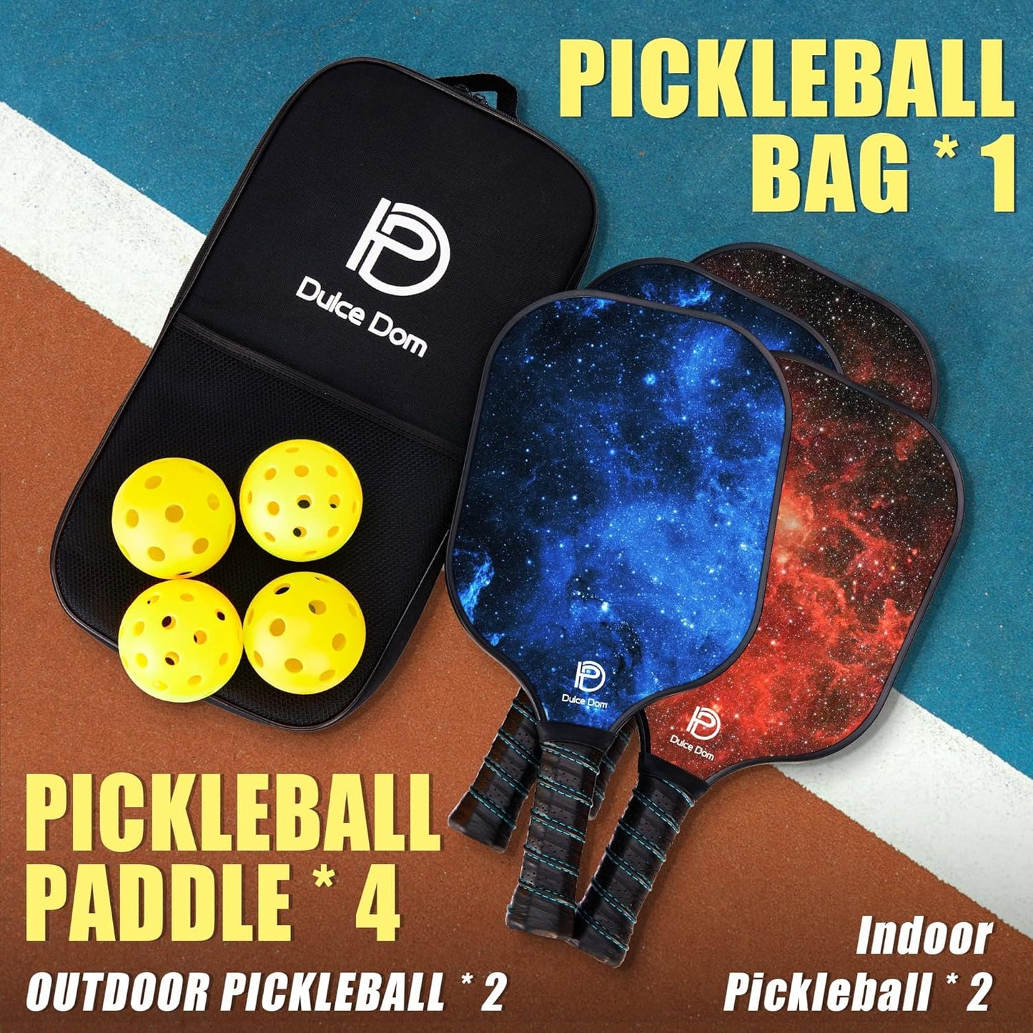 Dulce DOM Pickleball Paddles Set of 2/4 - USAPA Approved, 4 Indoor Outdoor Pickleball Balls, Fiberglass Surface Paddle Racket with Cover Bag, Ideal Training Equipment Gift for Men & Women
