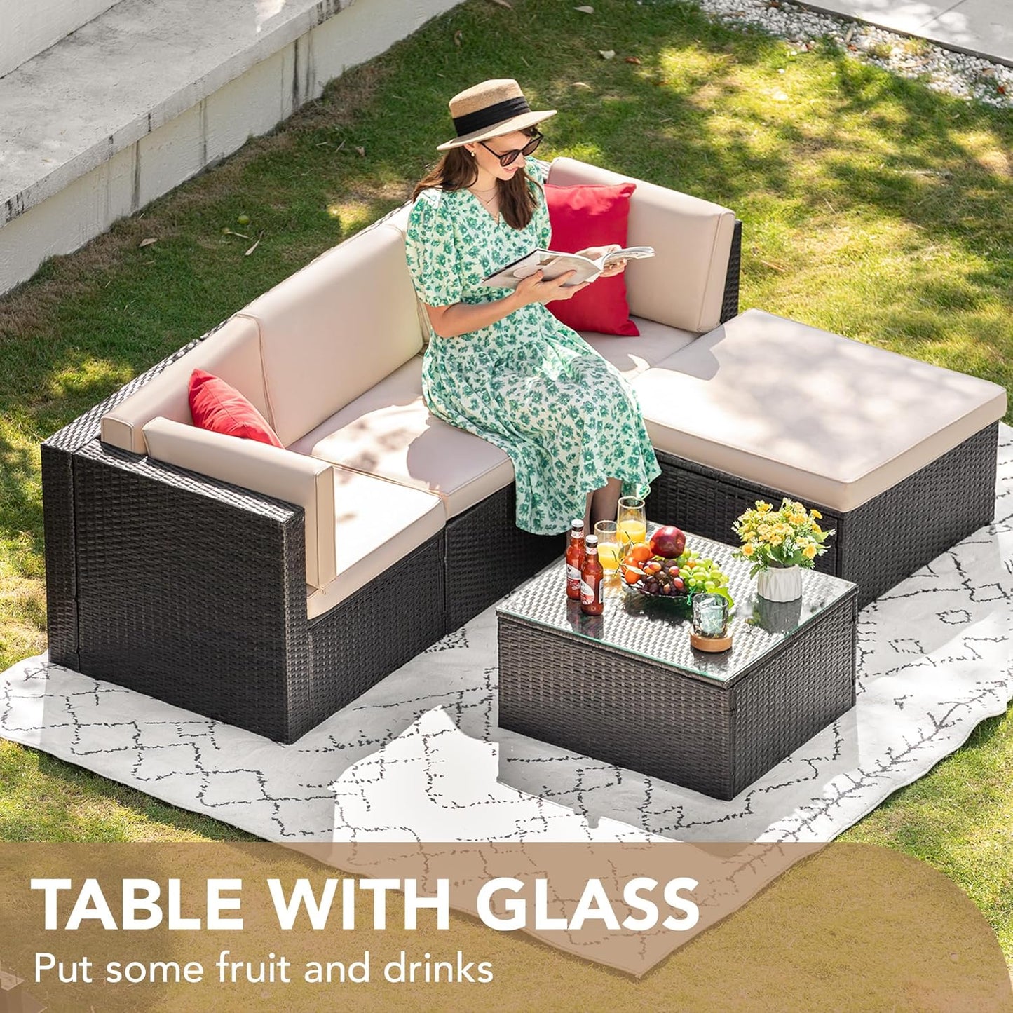 Devoko 5 Pieces Patio Furniture Sets All Weather Outdoor Sectional Patio Sofa Manual Weaving Wicker Rattan Patio Seating Sofas with Cushion and Glass Table (Beige)