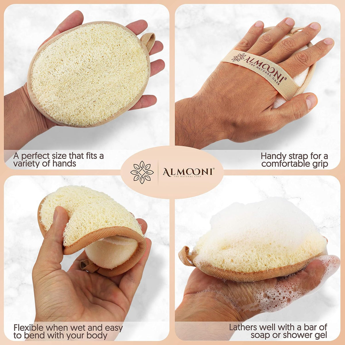 Almooni Natural Loofah Exfoliating Body Scrubber Pads, Lightly Abrasive Egyptian Loofah for Face and Body Cleansing, Dual-Sided with Terry Cloth, Hand Strap, 2-Count