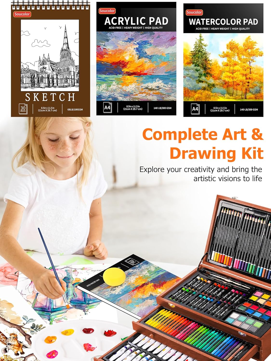 Soucolor Art Supplies, 192-Pack Deluxe Art Set Drawing Painting Supplies Kit with Acrylic Pad, Watercolor Pad, Sketch Book, Canvases, Acrylic Paint, Crayons, Pencils, Gifts for Artist Adults Teen Kids