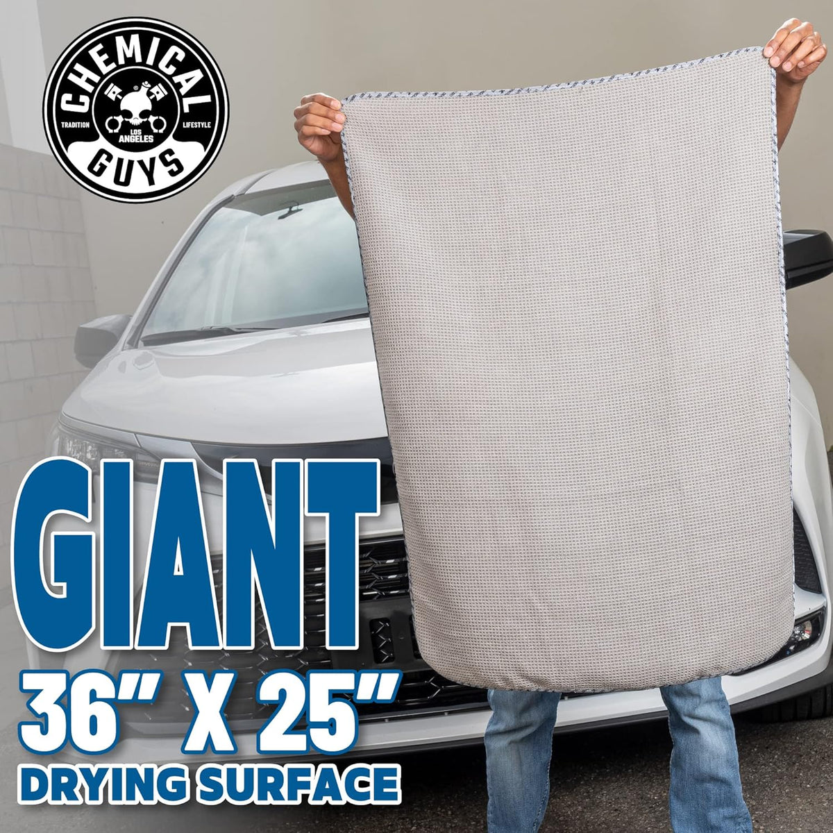 Chemical Guys Waffle Weave Gray Matter Microfiber Drying Towel - 25" x 36", 70/30 Blend with Silk Edging for Scratch-Free Car Drying, Ultra Absorbent and Safe for All Surfaces