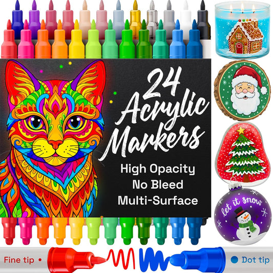 ARTISTRO 24 Acrylic Paint Markers for Rock, Fabric, Wood, Glass, Craft, Decoration - Dual-Tip Paint Pens - Stocking Stuffers, Gift Idea for Teens, Grandkids, Kids - Art Supplies