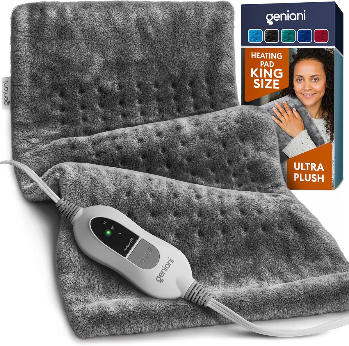 GENIANI XL Electric Heating Pad for Back Pain & Cramps Relief, Electric Throw, Birthday Christmas Gifts for Women, Men Auto Shut Off, Machine Washable, Heat Pad for Neck & Shoulder, 12×24", Tabby Gray