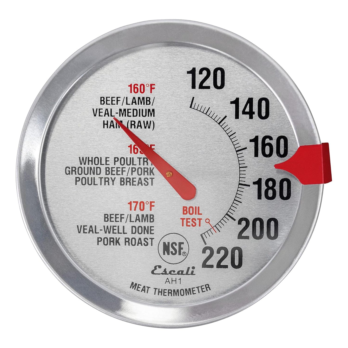 Escali AH1 Stainless Steel Oven Safe Meat Thermometer, Extra Large 2.5-inches Dial, Temperature Labeled for Beef, Poultry, Pork, and Veal Silver NSF Certified