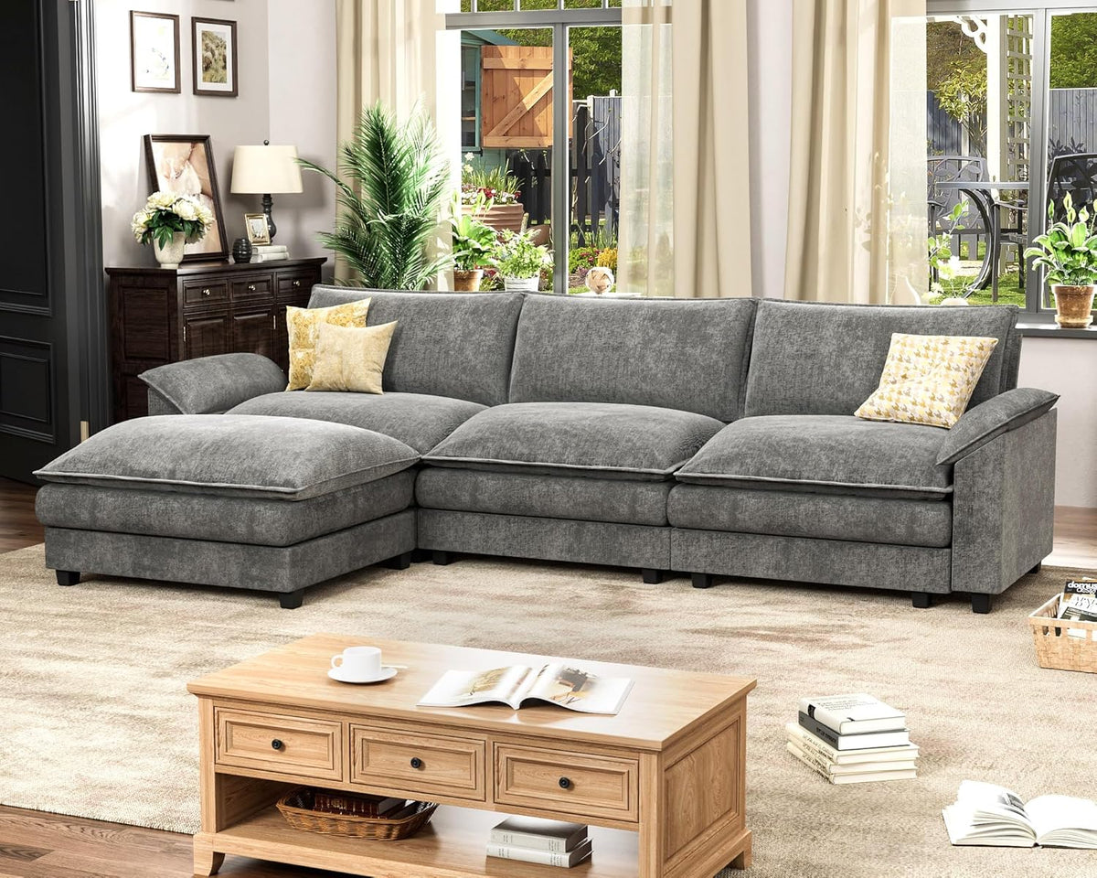 Homall 119" Modular Sectional Sofa, L Shaped Sofa Couch with Reversible Ottoman, DIY Combination Chenille Deep 3-Seat Cloud Couch for Living Room, Apartment (Light Grey, L Shaped Sofa)