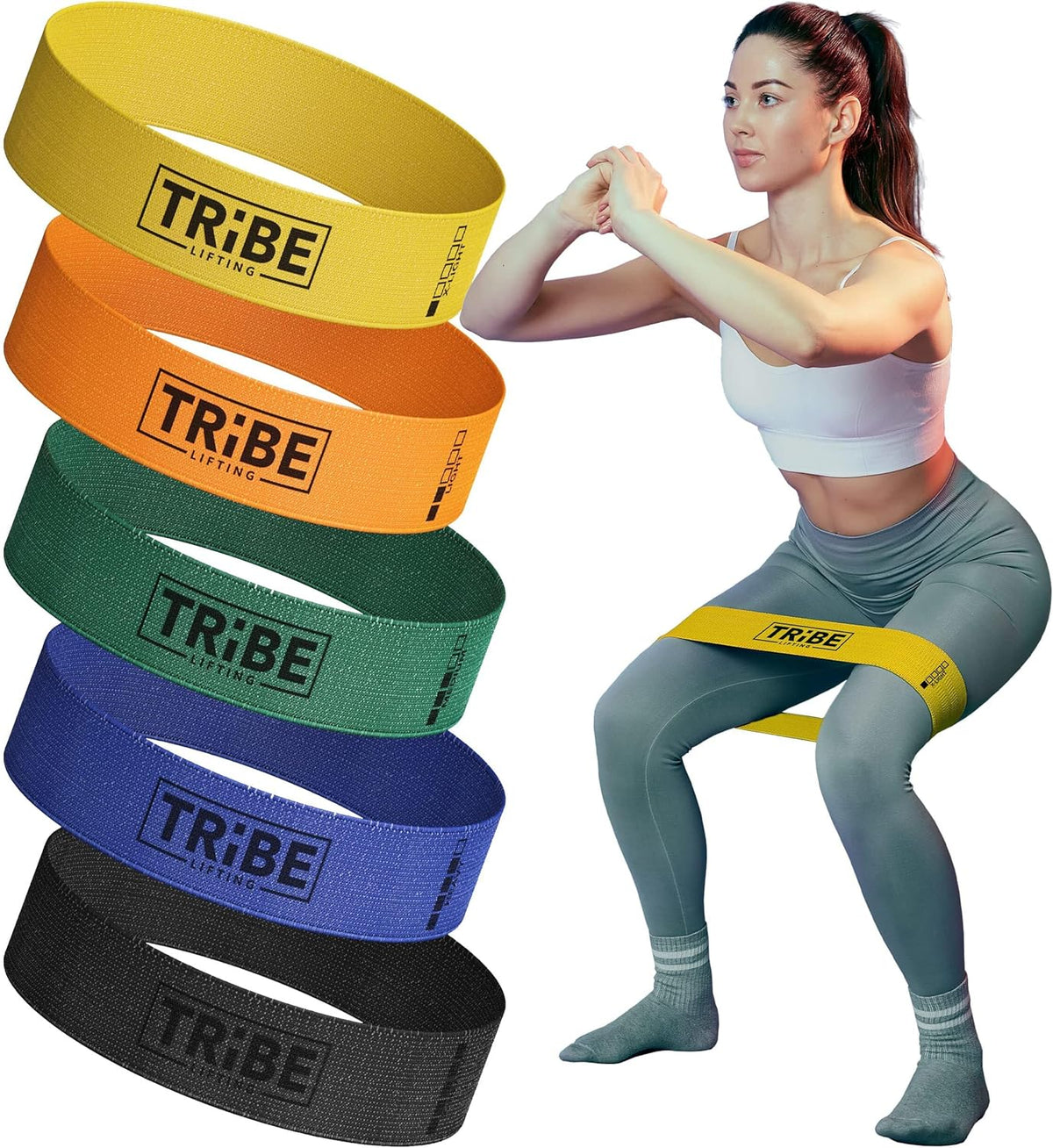 Tribe Lifting Fabric Resistance Bands for Glutes & Legs | 5 Fabric Workout Bands Set | Thick Booty Bands for Squats, Lunges, Hip Training, Physical Therapy & Home Workouts