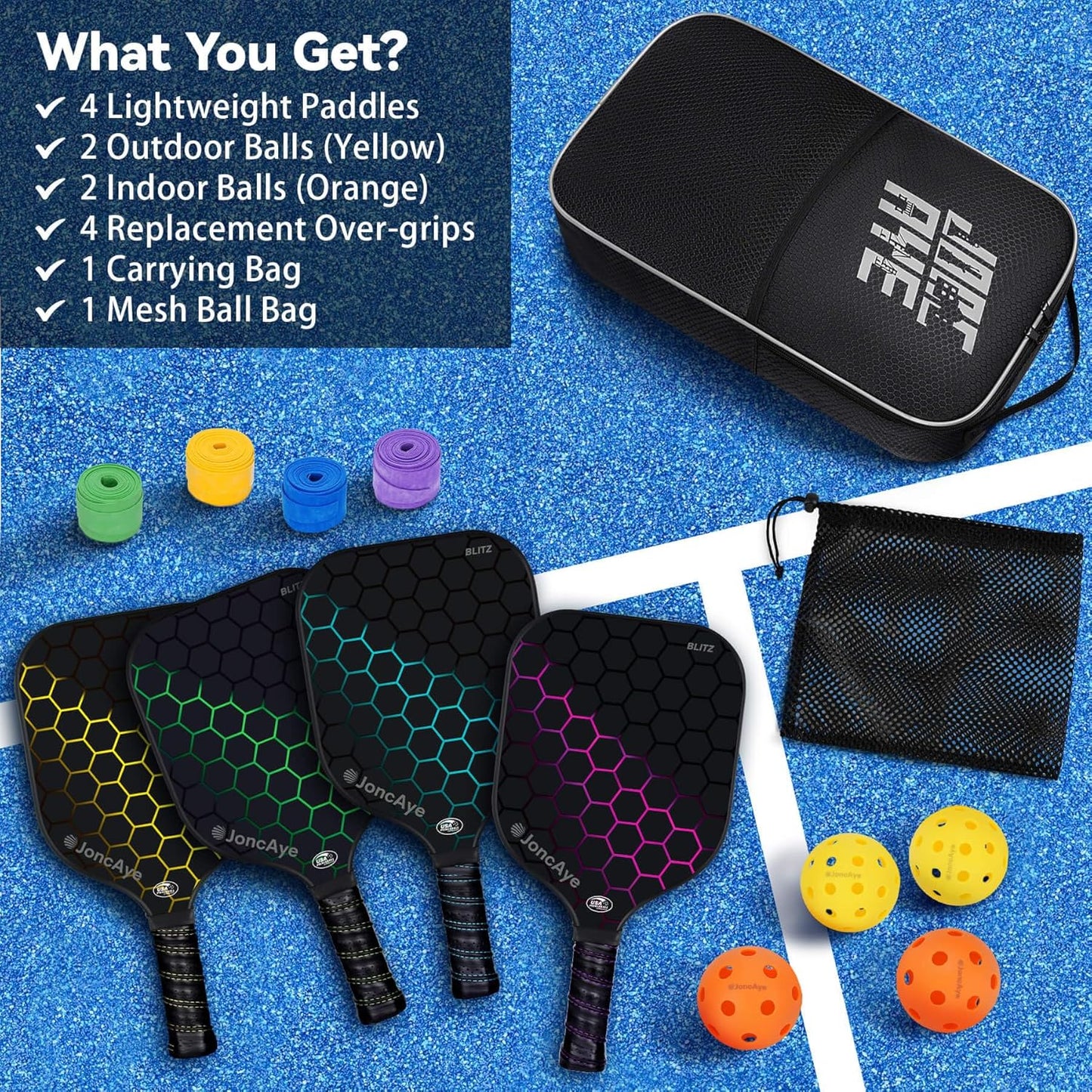 Pickleball-Paddles-Set of 4 or 2 Rackets by JoncAye, USAPA Approved Pickle-Ball Equipment with Balls, Bag, Accessories, Fiberglass Graphite Pickleball Racquet Set for Men, Women