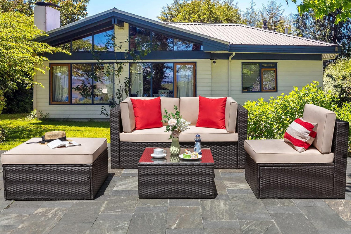 Vongrasig 5 Piece Patio Furniture Sets, Outdoor Patio Set Sectional Sofa, All-Weather PE Rattan Outdoor Couch with Ottoman, Glass Table for Garden, Backyard, Porch, Beige