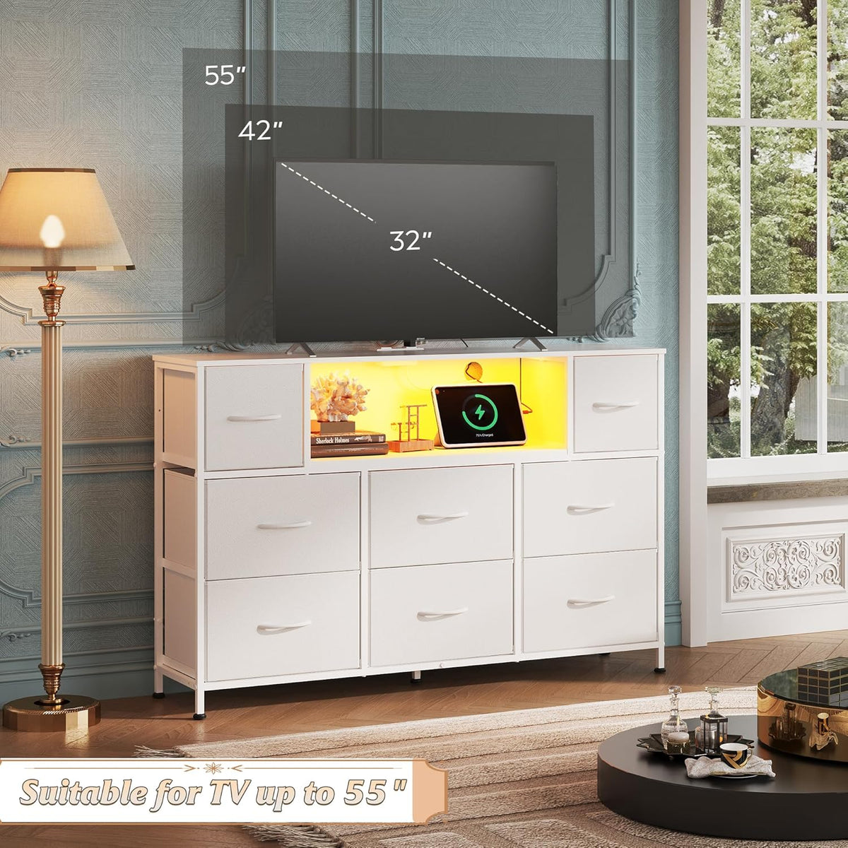 WLIVE White TV Stand for 45, 50, 55 inch TV, Entertainment Center with LED Lights & Charging Station, TV Media Console Table with 8 Fabric Drawers and Open Shelves for Living Room, Hallway, Wood Top