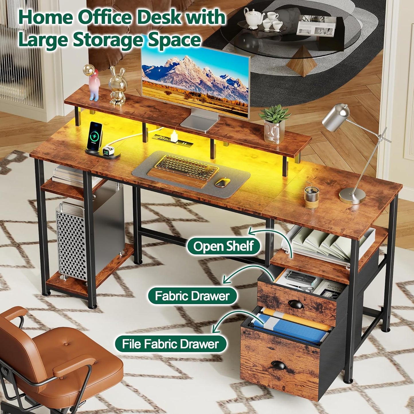 Furologee 61" Computer Desk with Power Outlet and LED Lights, Desk with Fabric File Cabinet Drawer, Large Reversible Table with Shelves and Monitor Stand, Writing Study Table for Home Office